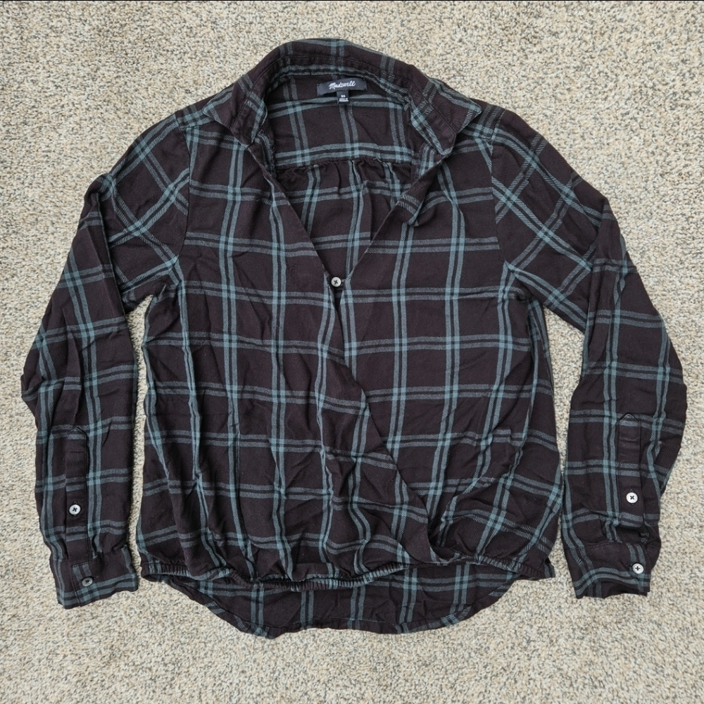 Madewell Wrap Front Shirt in Palma Plaid Black Green Casual G8903 Womens Size XS